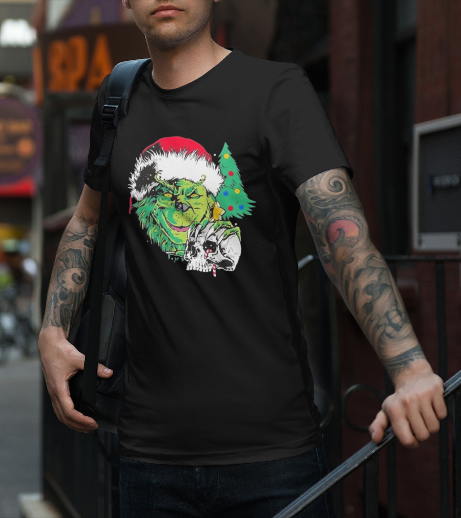 Grinch Santa Hat Skull Christmas Tree Scene T-Shirt