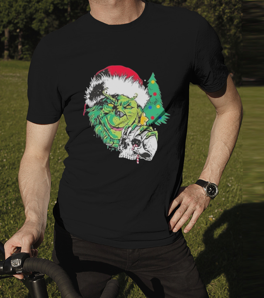 Grinch Santa Hat Skull Christmas Tree Scene T-Shirt