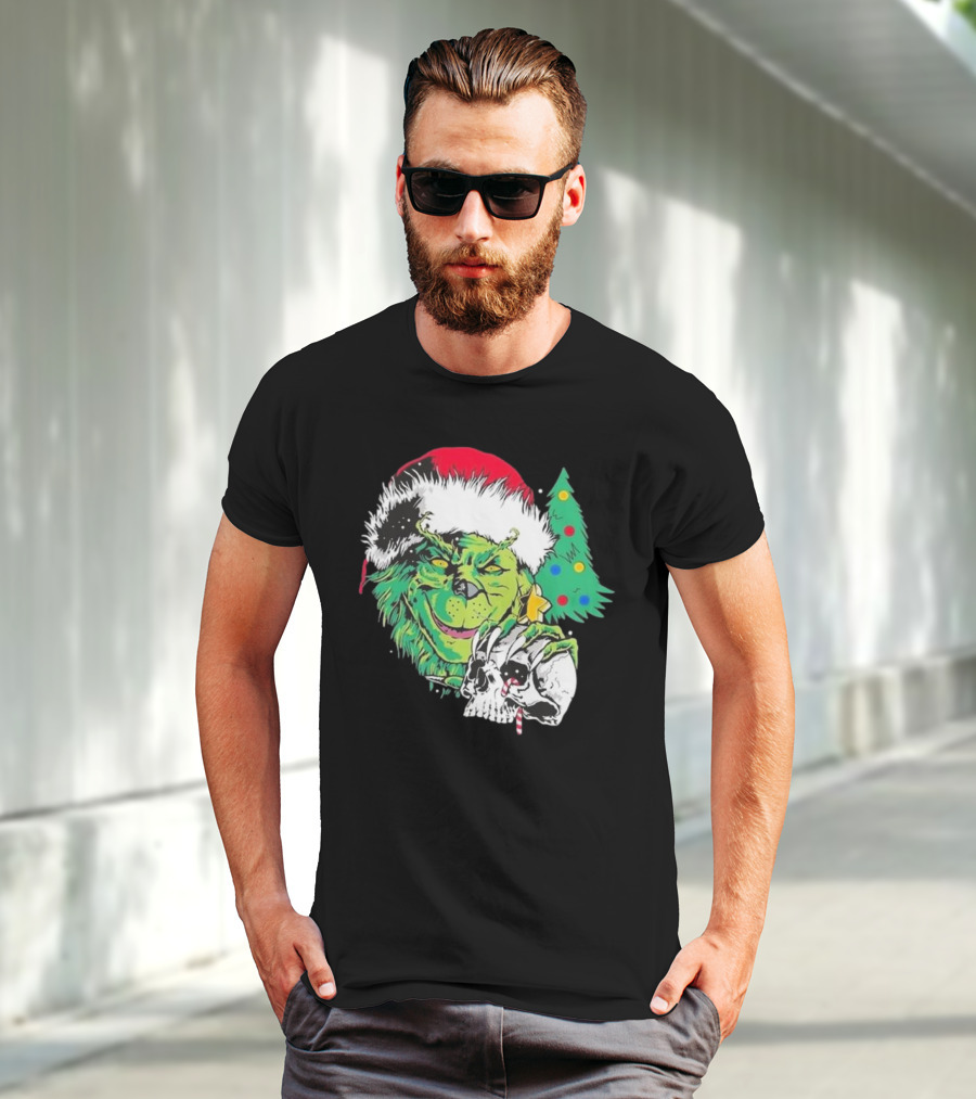 Grinch Santa Hat Skull Christmas Tree Scene T-Shirt