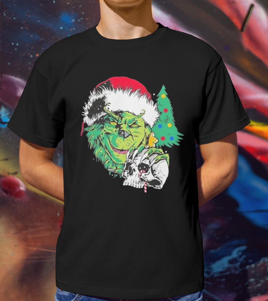 Grinch Santa Hat Skull Christmas Tree Scene T-Shirt