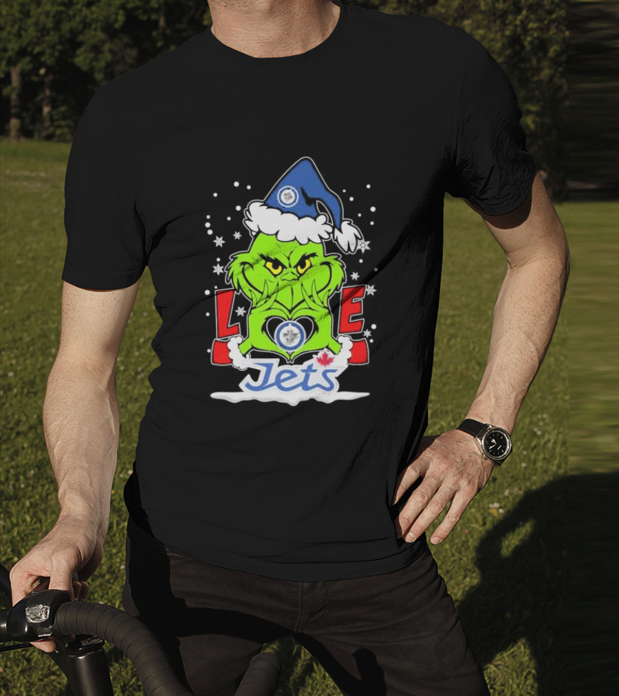 Grinch Heart Hands Love Winnipeg Jets Christmas Santa Hat Snowflakes T-Shirt