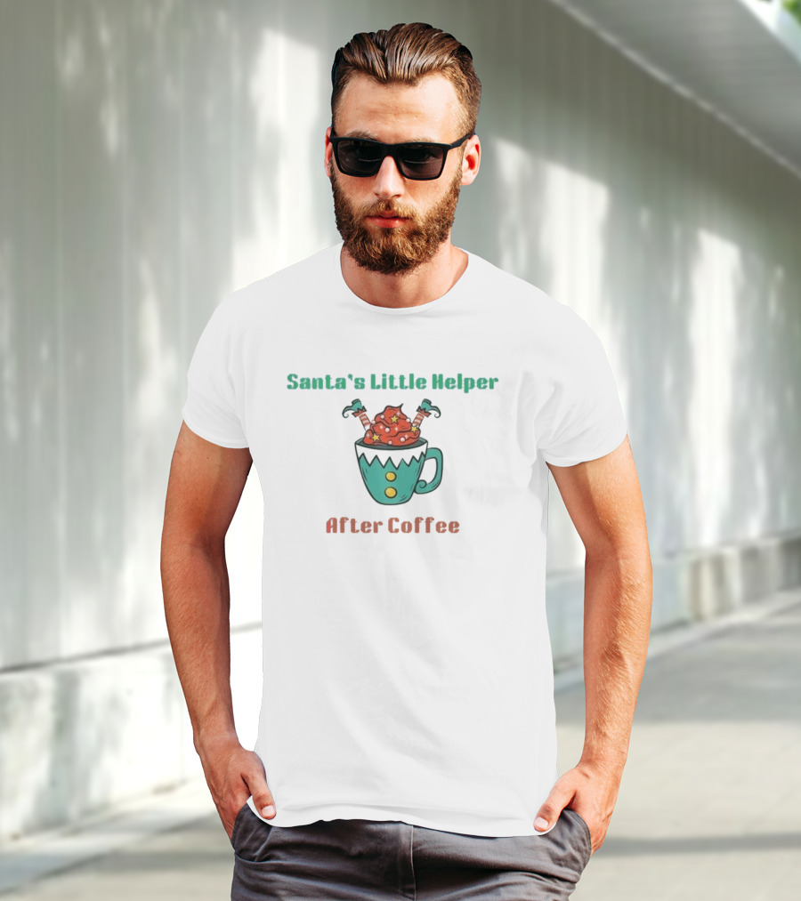Santa's Little Helper After Coffee Christmas Mug With Candy Canes And Stars T-Shirt