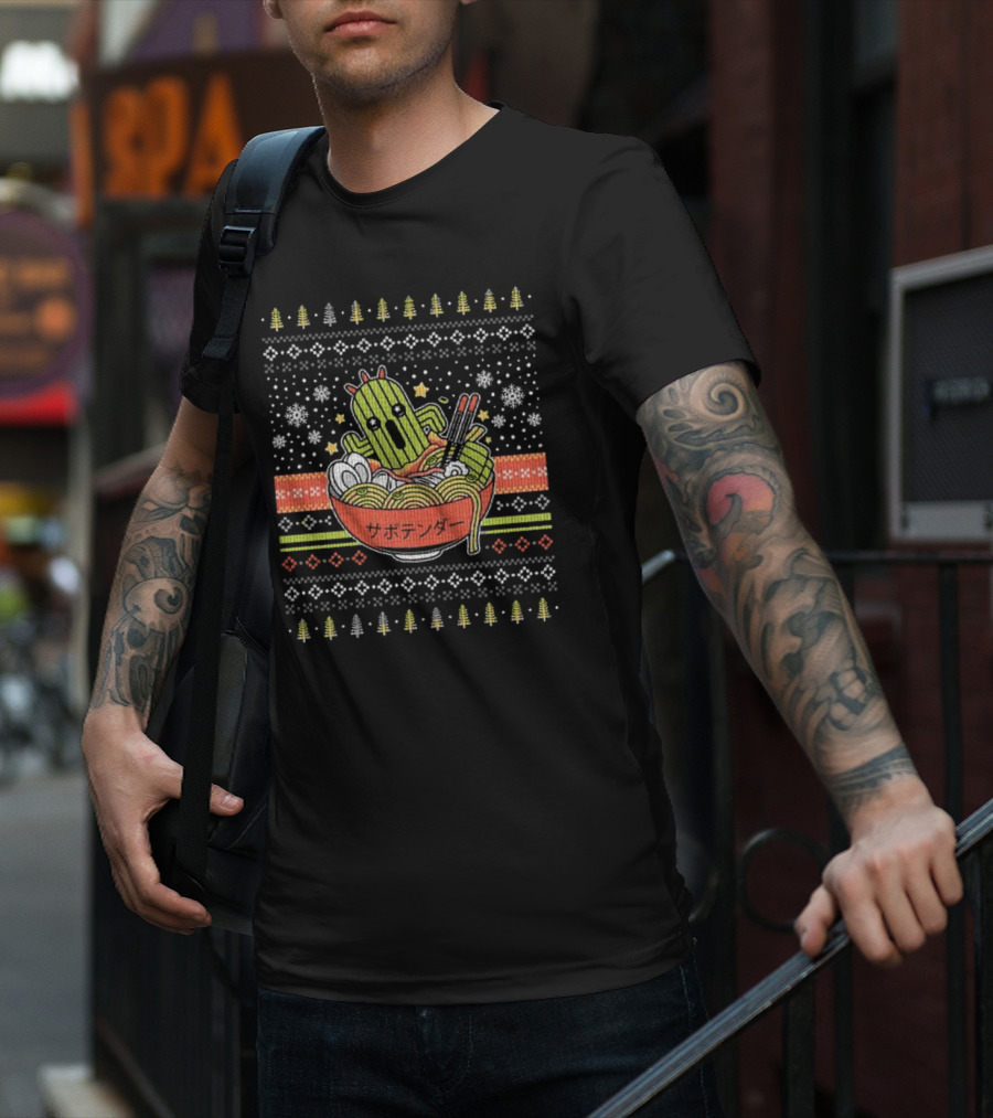 Cactuar Ramen Christmas Sweater Style With Snowflakes And Trees T-Shirt