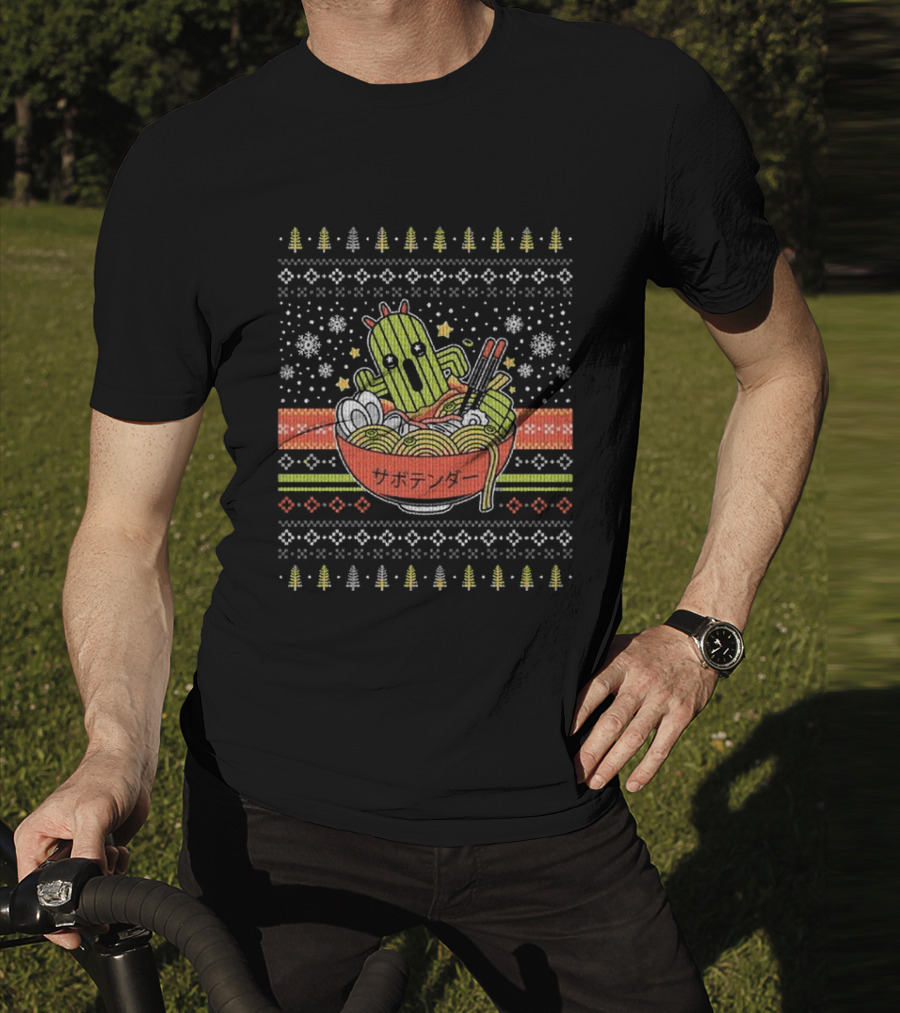 Cactuar Ramen Christmas Sweater Style With Snowflakes And Trees T-Shirt