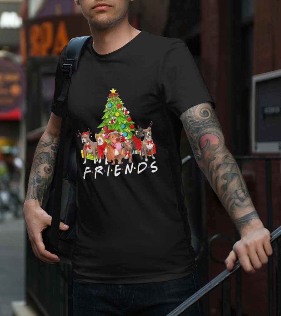 FRIENDS Christmas Tree With Pitbulls In Festive Scarf And Antlers T-Shirt