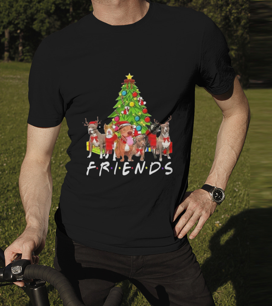 FRIENDS Christmas Tree With Pitbulls In Festive Scarf And Antlers T-Shirt