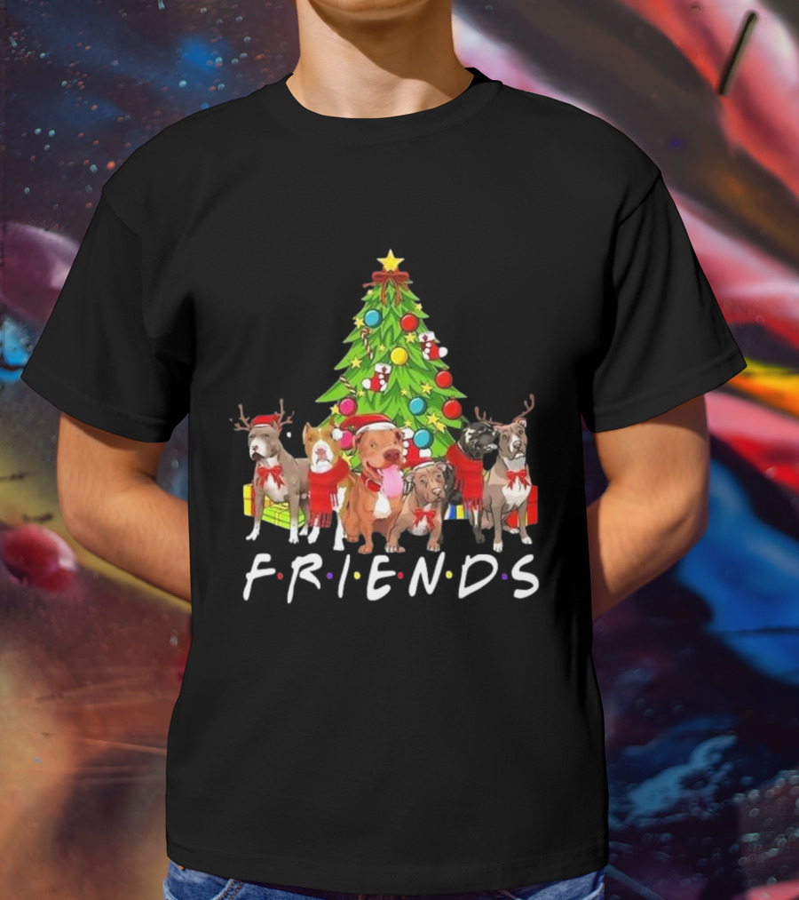 FRIENDS Christmas Tree With Pitbulls In Festive Scarf And Antlers T-Shirt