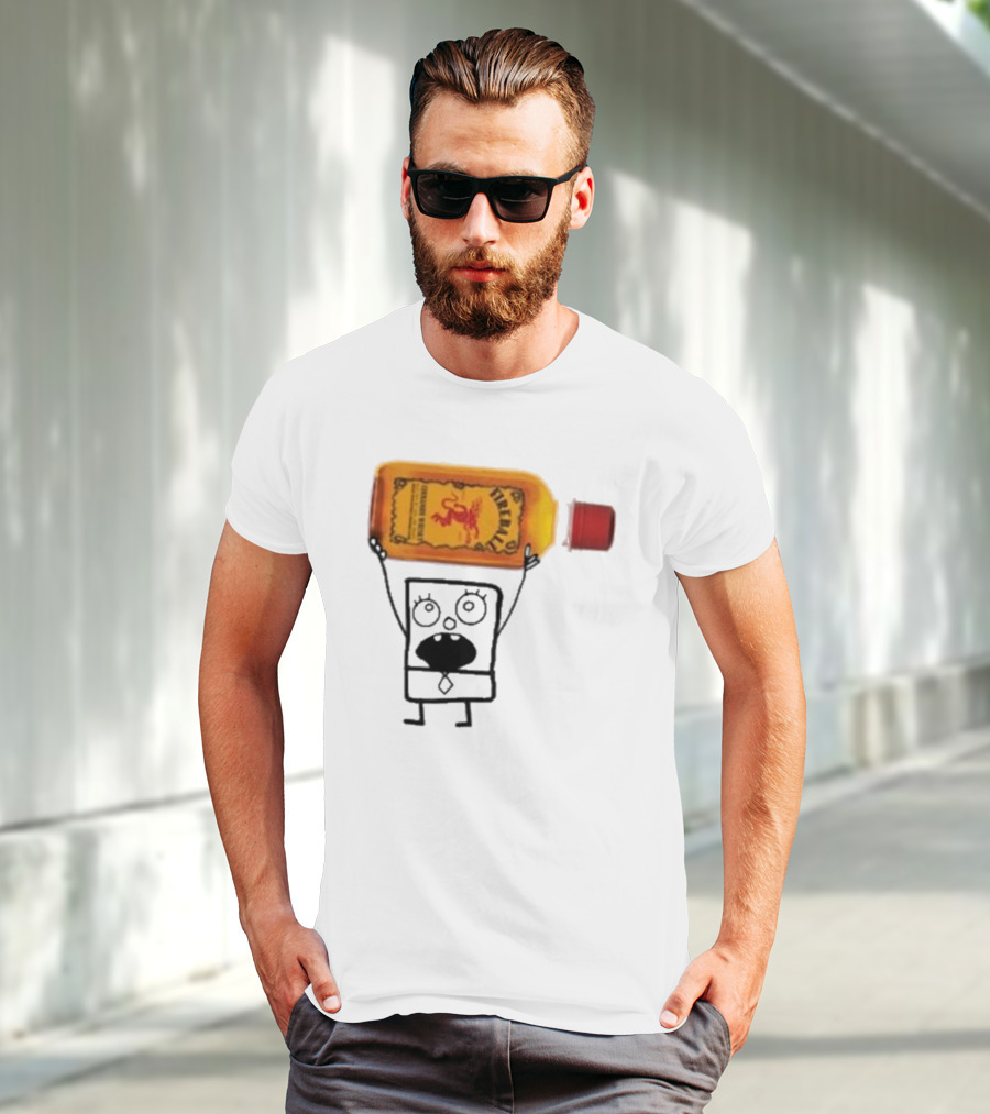 Doodlebob Fireball Whiskey Character Holding Iconic Liquor Bottle T-Shirt
