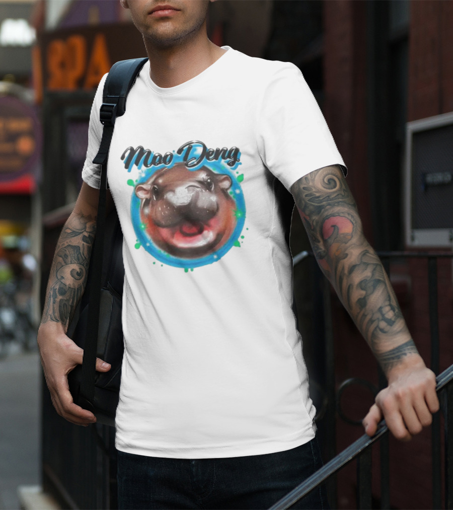 Moo Deng Cute Hippo Face With Blue Background T-Shirt