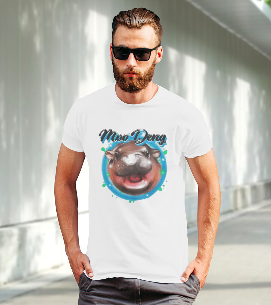 Moo Deng Cute Hippo Face With Blue Background T-Shirt
