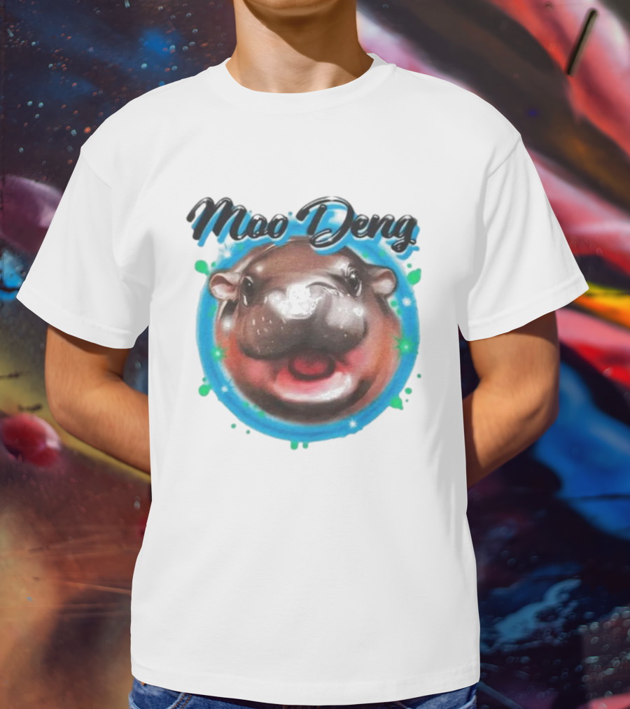 Moo Deng Cute Hippo Face With Blue Background T-Shirt