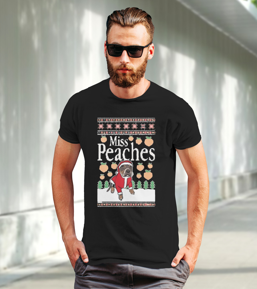 Miss Peaches Christmas Dog With Peaches And Christmas Trees T-Shirt