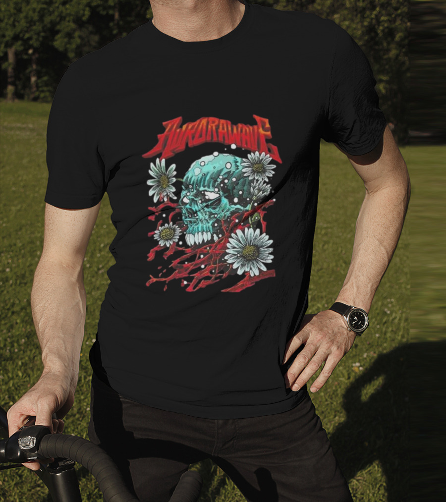 Aurora Wave Skull With Flowers And Red Vines T-Shirt