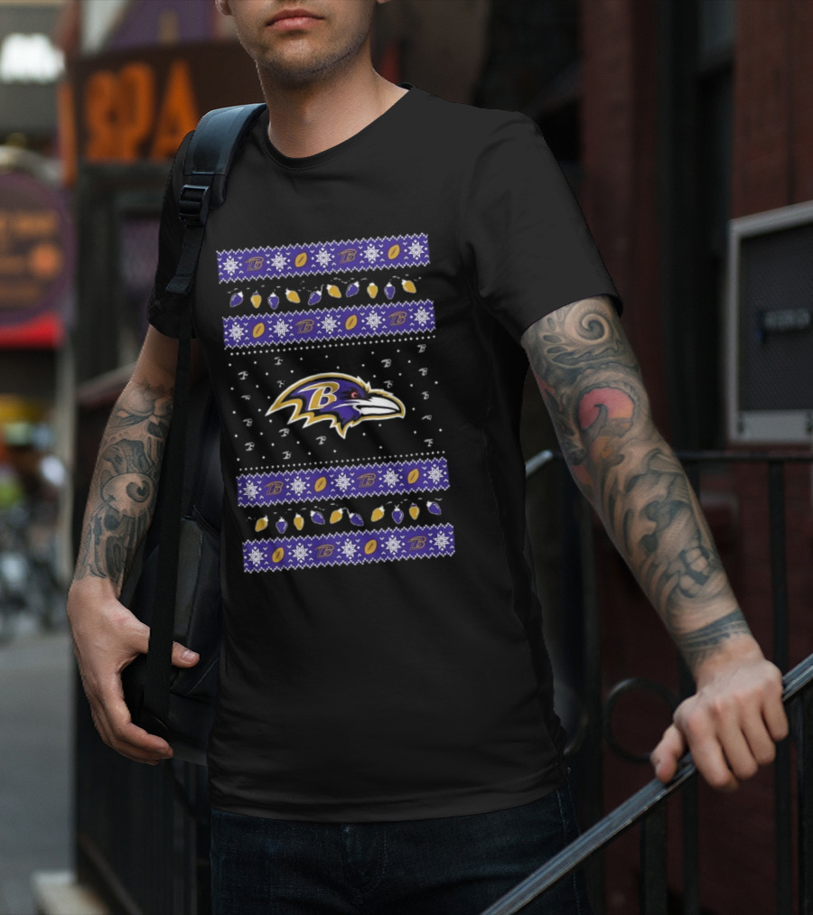 Baltimore Ravens NFL Festive Ugly Sweater Holiday Lights Christmas T-Shirt