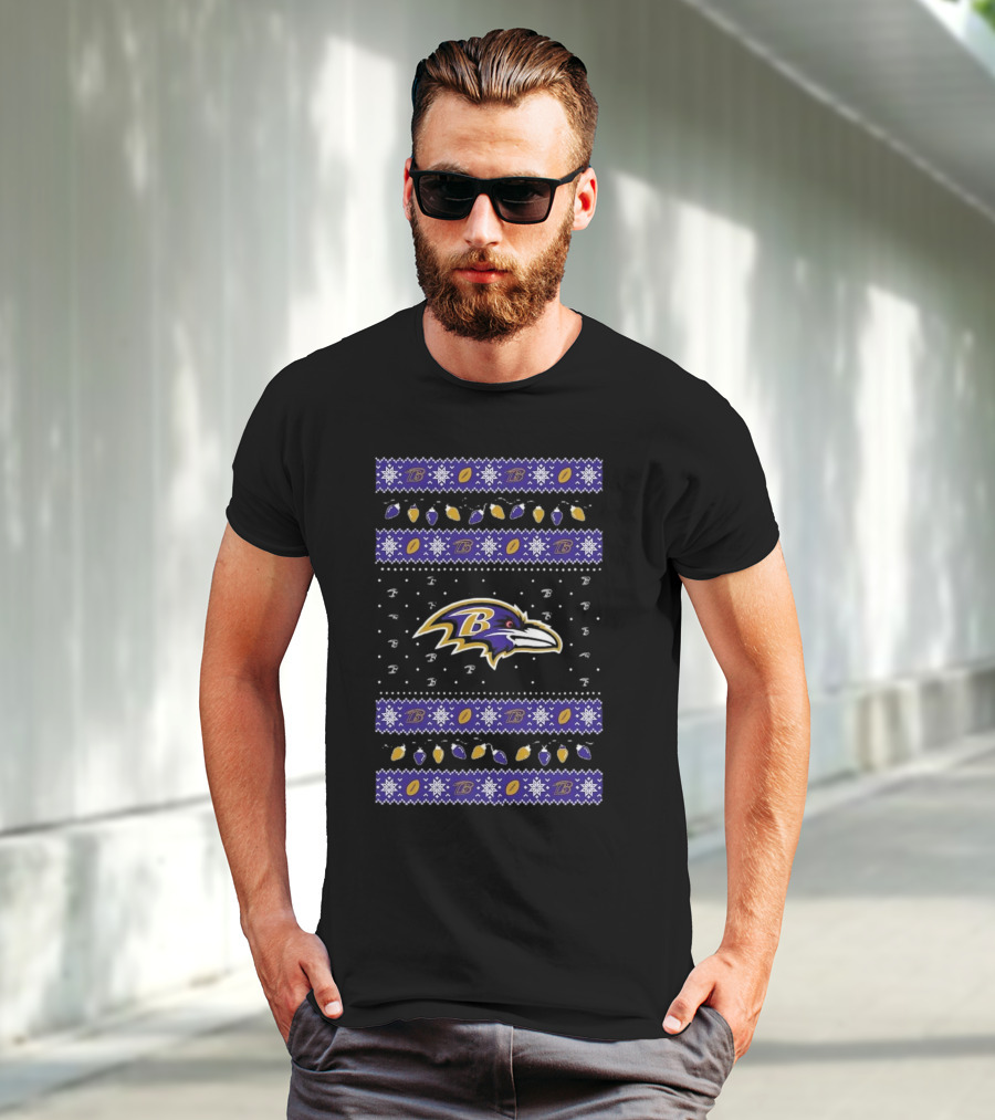 Baltimore Ravens NFL Festive Ugly Sweater Holiday Lights Christmas T-Shirt