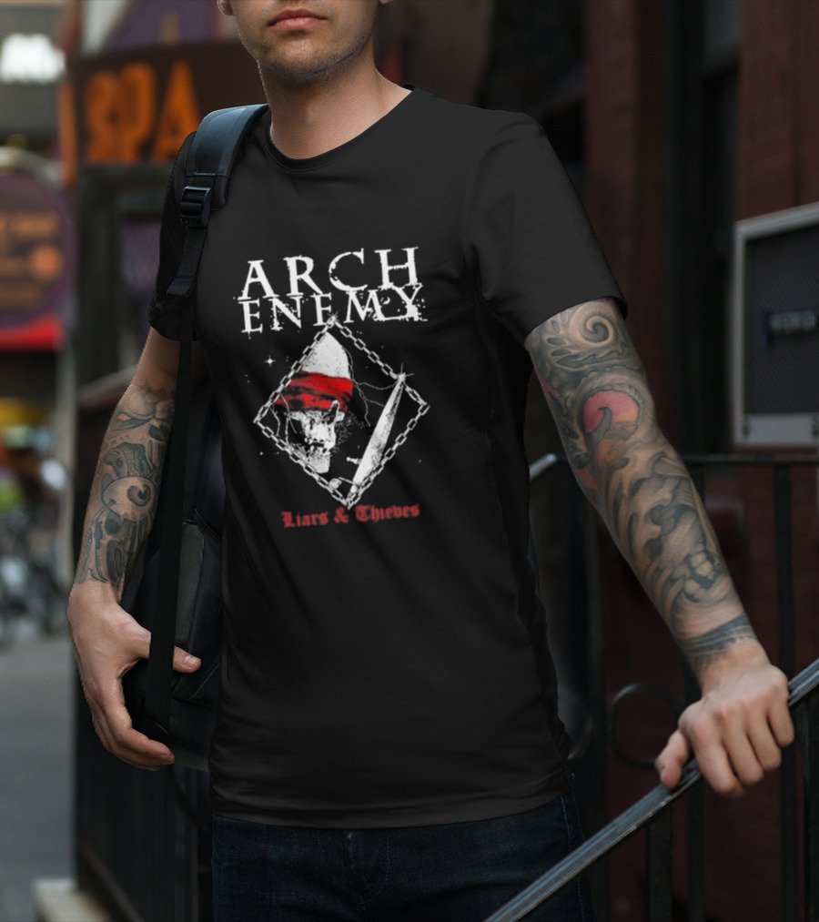 Arch Enemy Skull With Bandana, Knife, And Chains Liars And Thieves T-Shirt