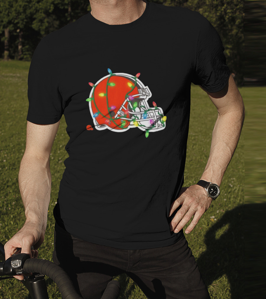 Cleveland Browns Helmet Wrapped In Holiday Lights T-Shirt