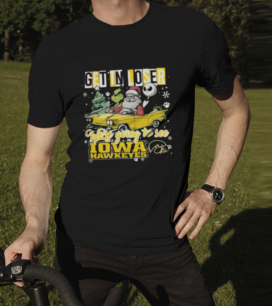 Get In Loser Santa Grinch Jack Skellington Driving To Iowa Hawkeyes Christmas T-Shirt