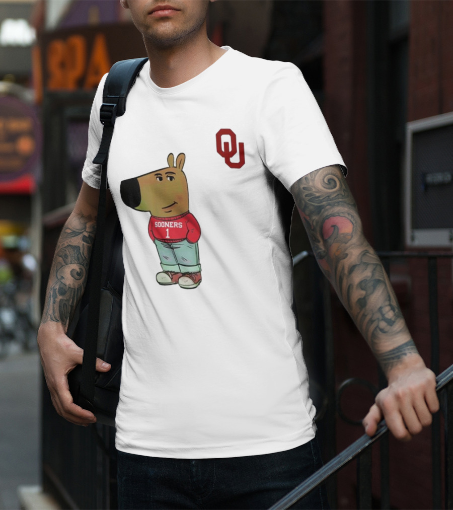 Oklahoma Sooners Chill Guy Cartoon Mascot Standing With OU Logo T-Shirt