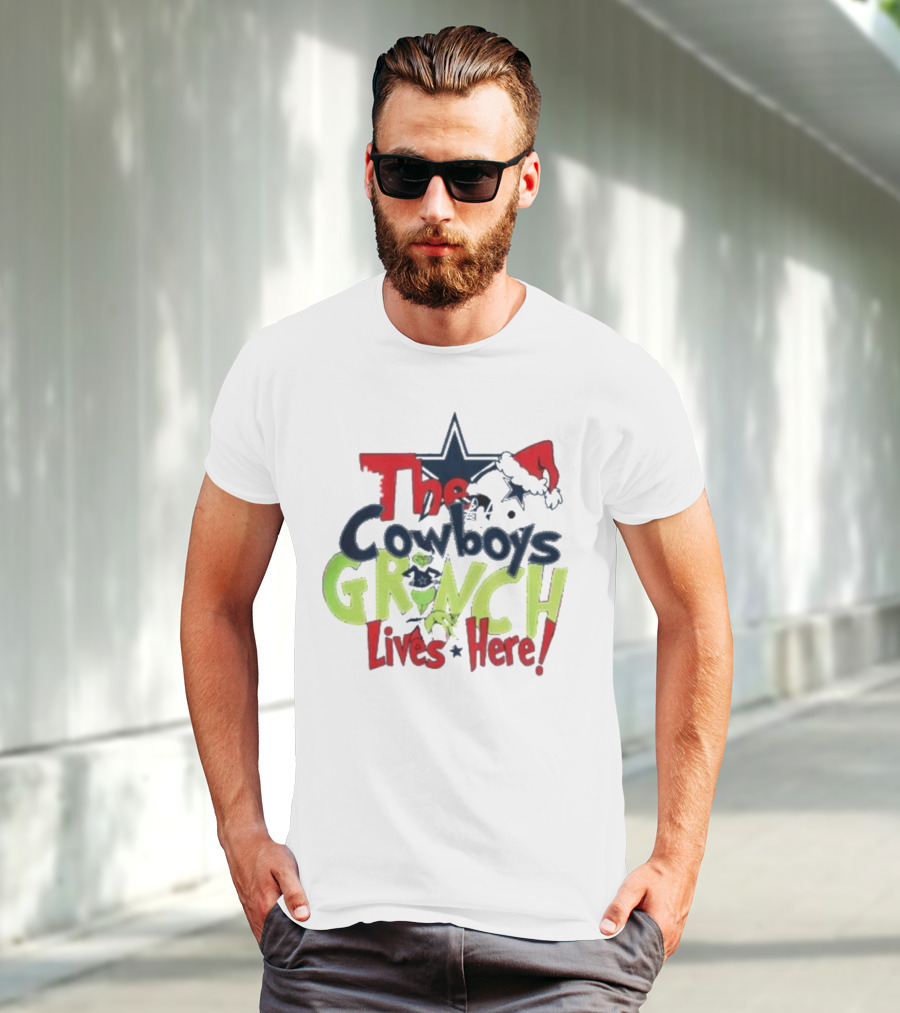 The Cowboys Grinch Lives Here Santa Hat Christmas T-Shirt