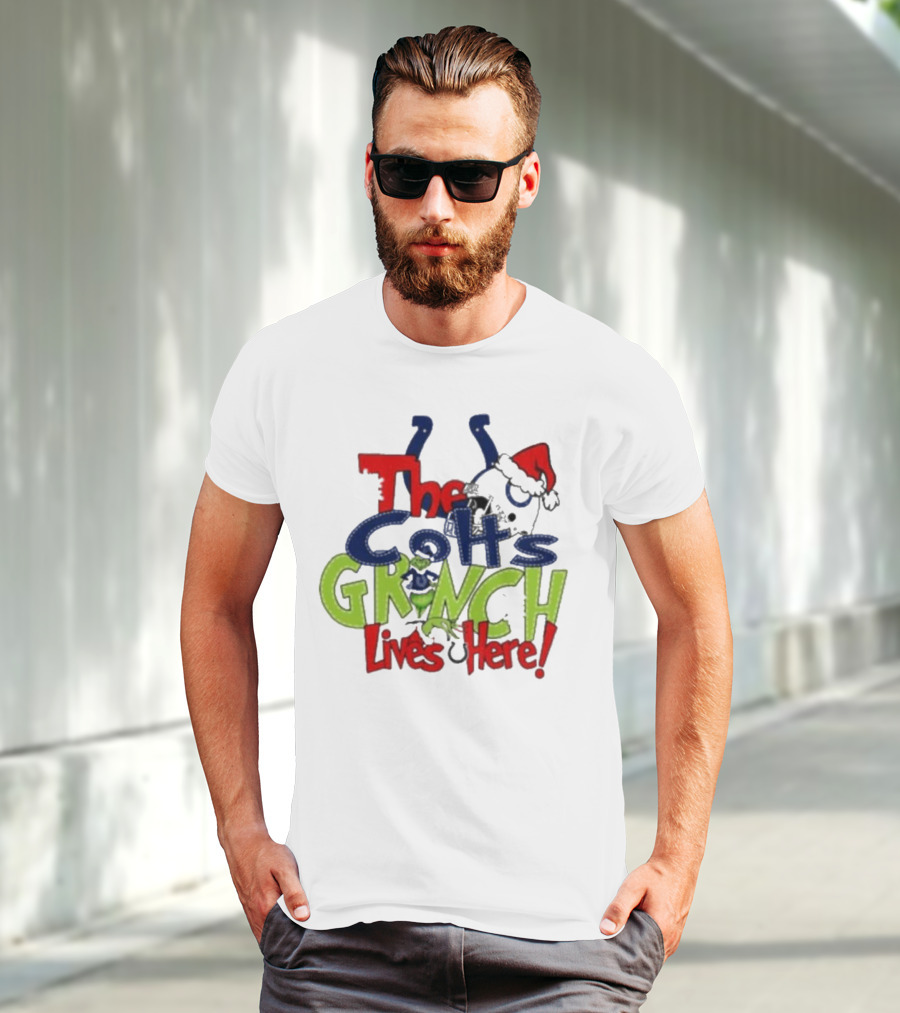 The Indianapolis Colts Grinch Lives Here Christmas Santa Hat T-Shirt