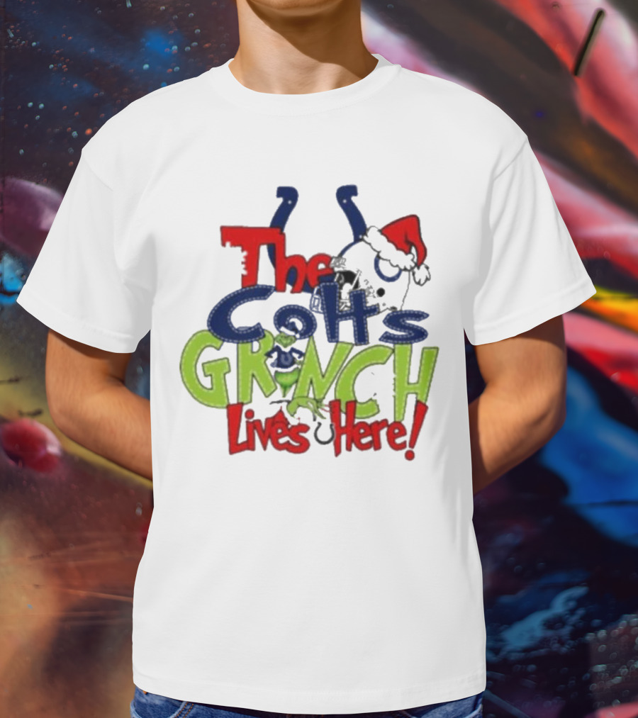 The Indianapolis Colts Grinch Lives Here Christmas Santa Hat T-Shirt