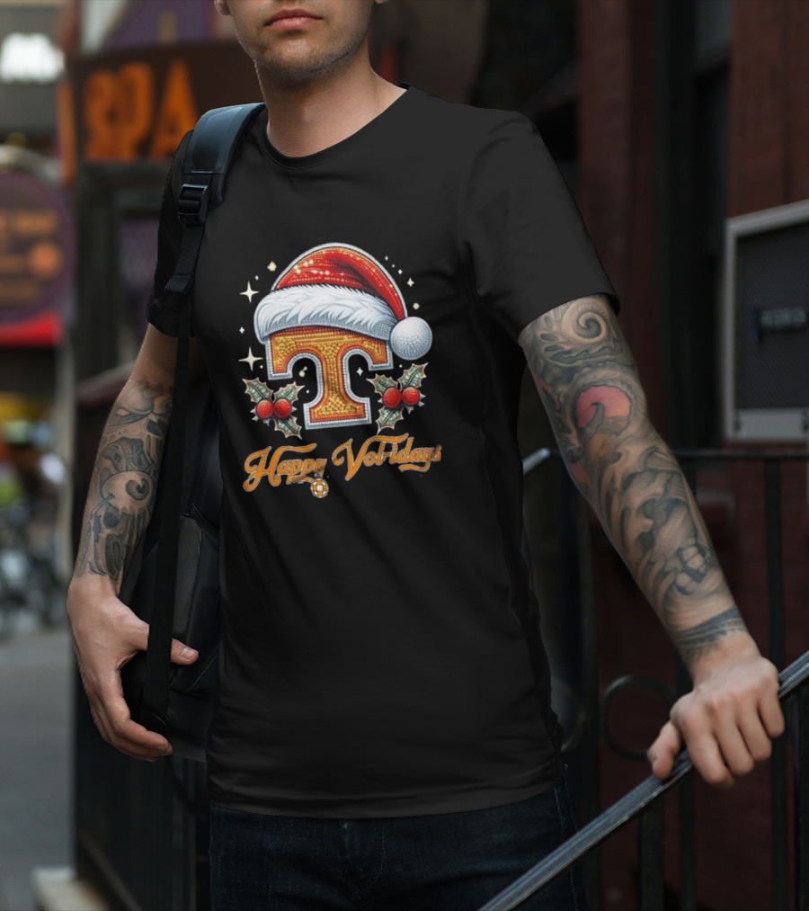 Happy Vol-idays Santa Hat T With Holly And Stars T-Shirt