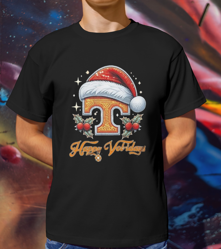 Happy Vol-idays Santa Hat T With Holly And Stars T-Shirt