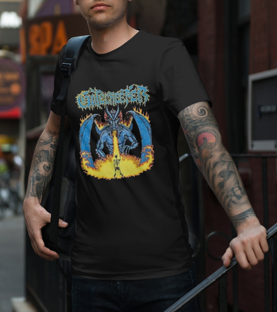 Gatecreeper Blue Dragon Breathing Fire With Fiery Surroundings T-Shirt