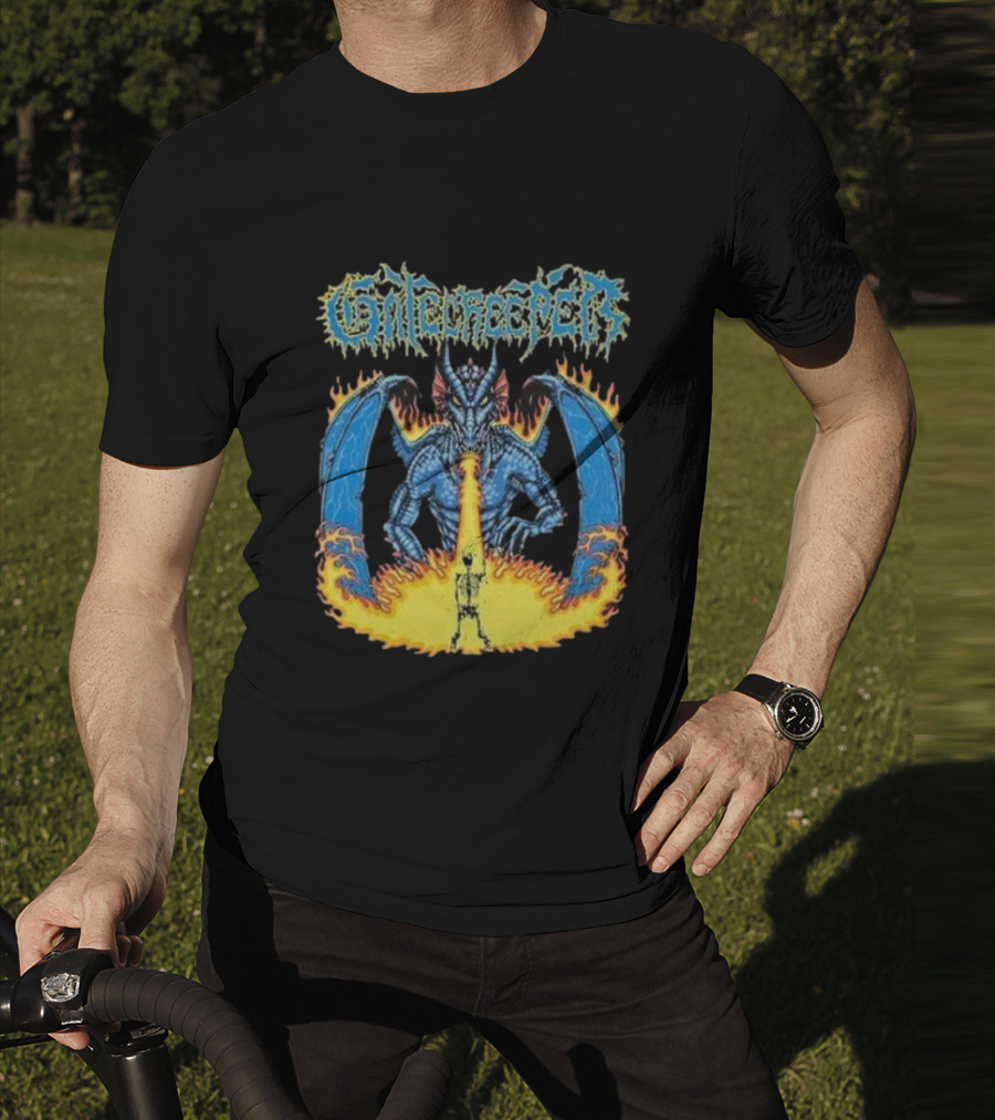 Gatecreeper Blue Dragon Breathing Fire With Fiery Surroundings T-Shirt