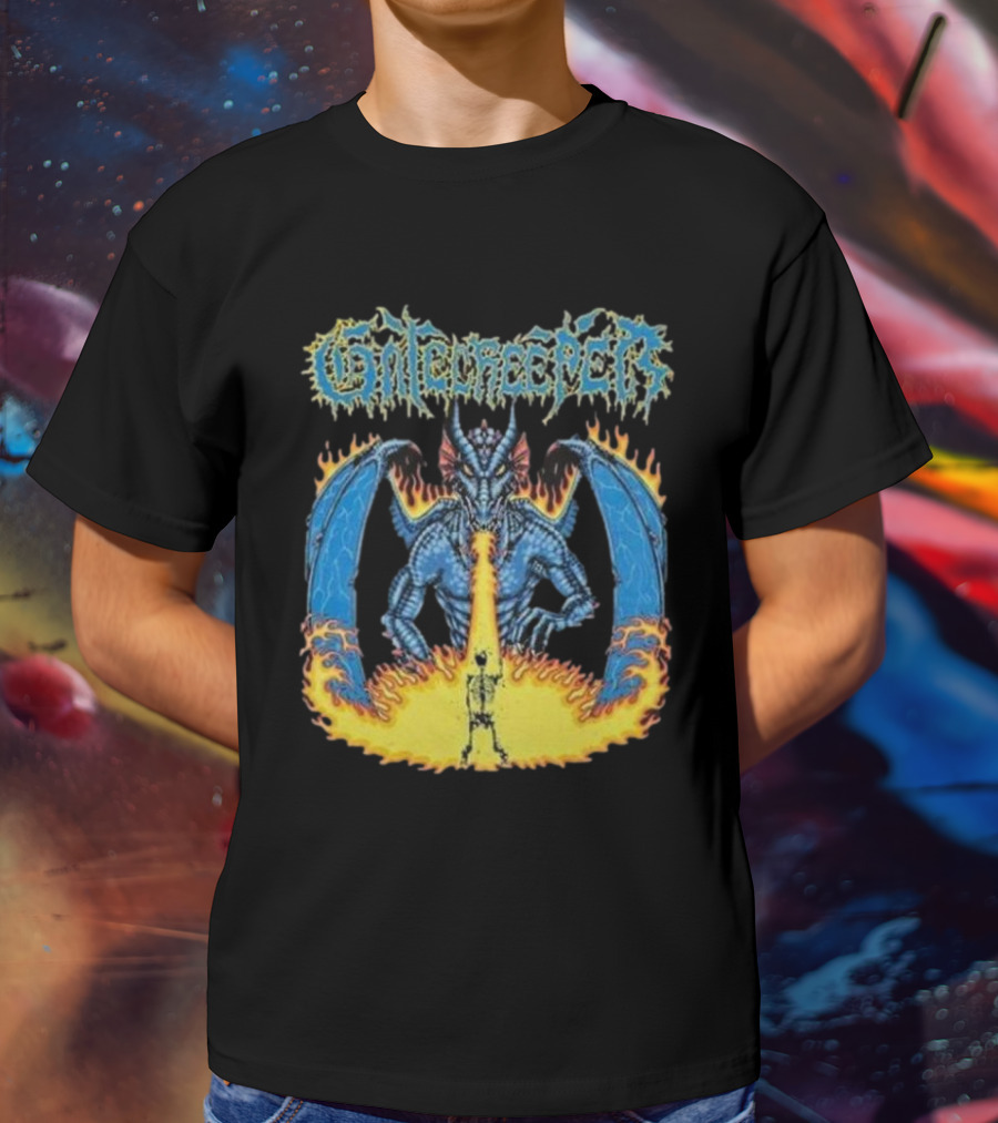 Gatecreeper Blue Dragon Breathing Fire With Fiery Surroundings T-Shirt