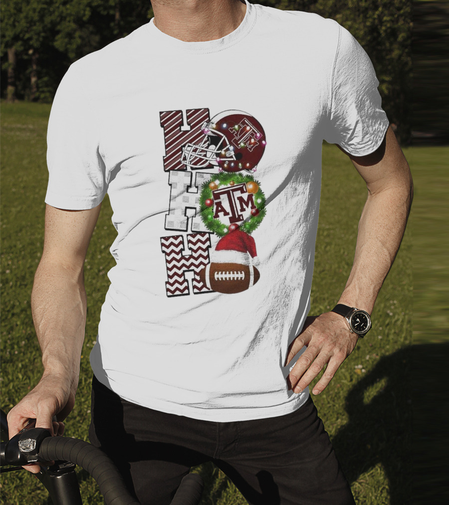 Texas A M Aggies Football Christmas Ho Ho Ho ATM Helmet Wreath Football T-Shirt