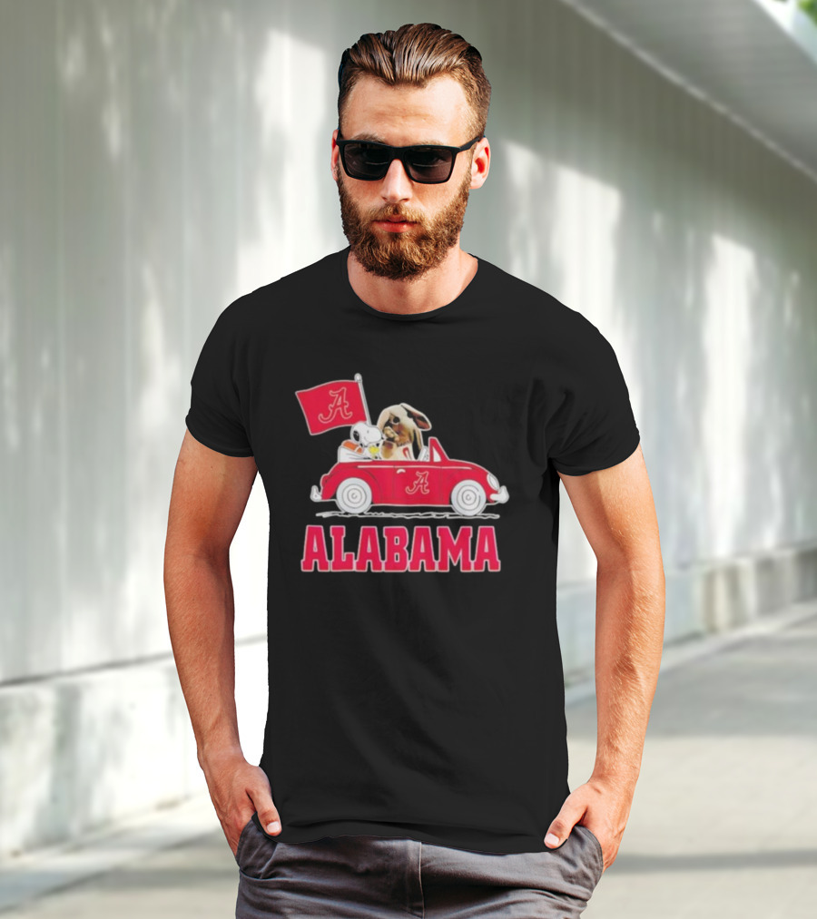 Snoopy And Big Al Driving Red Car With Alabama Flag Crimson Tide T-Shirt