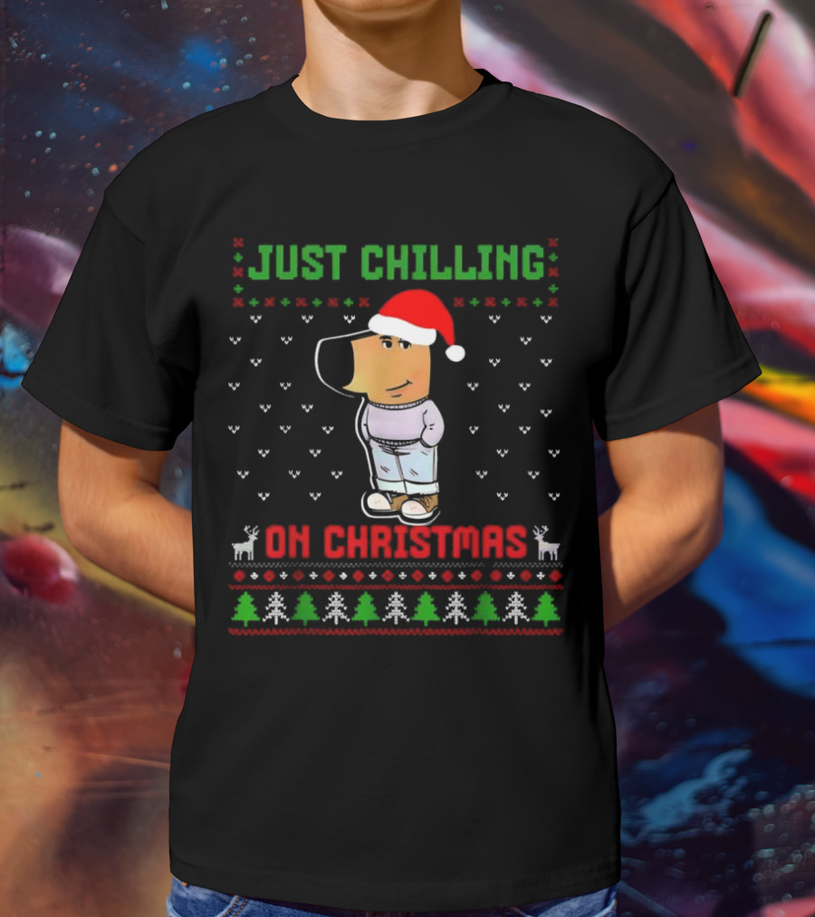Just Chilling On Christmas Ugly Sweater Santa Hat Dog T-Shirt