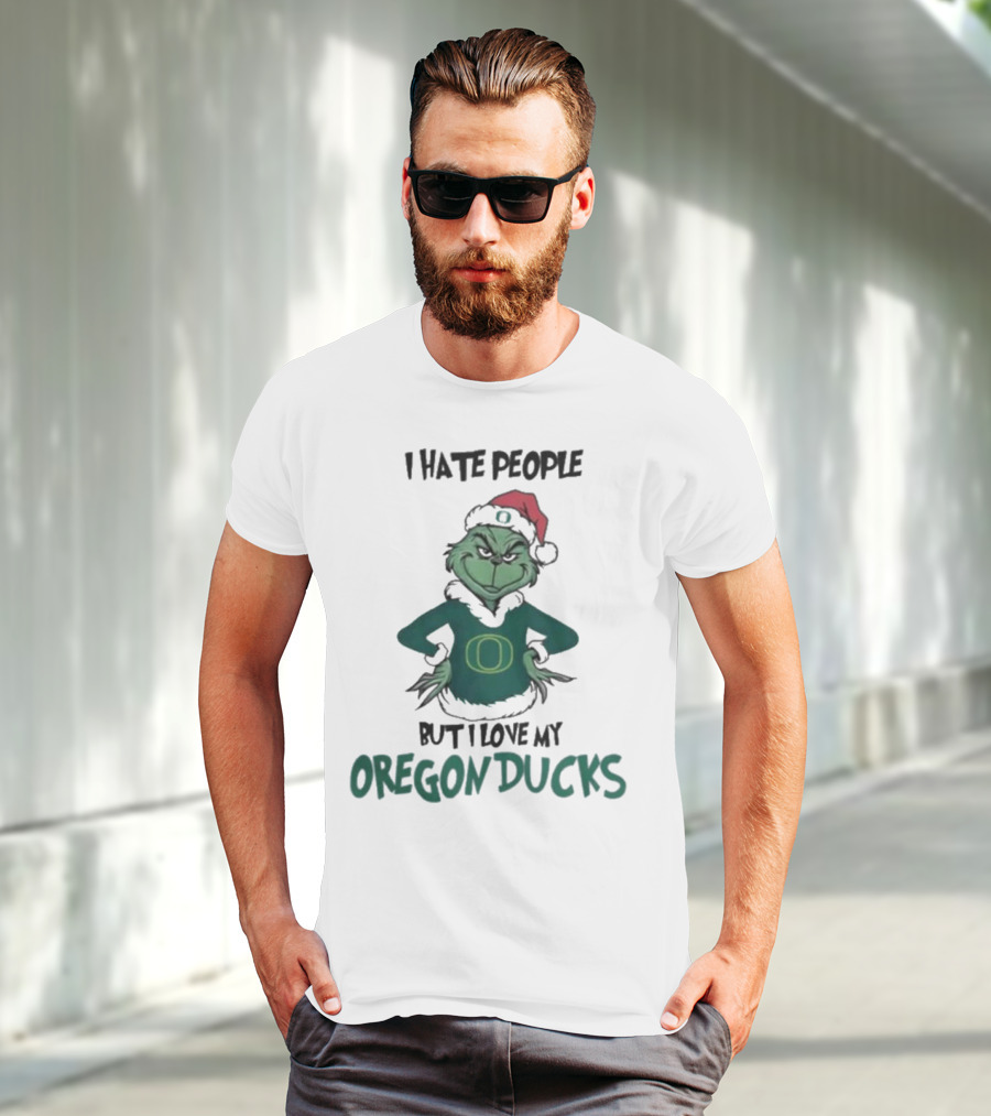 I Hate People But I Love My Oregon Ducks Grinch In Santa Hat Merry Christmas T-Shirt