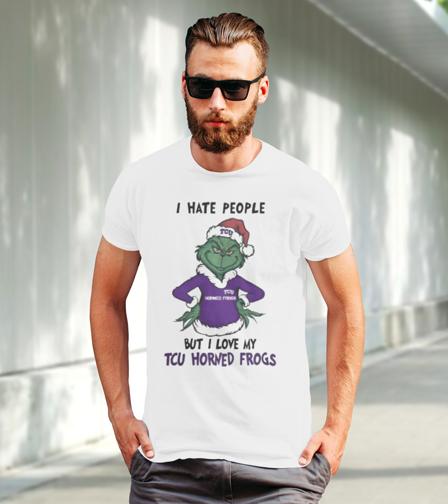 I Hate People But I Love My TCU Horned Frogs Grinch Santa Hat Merry Christmas T-Shirt