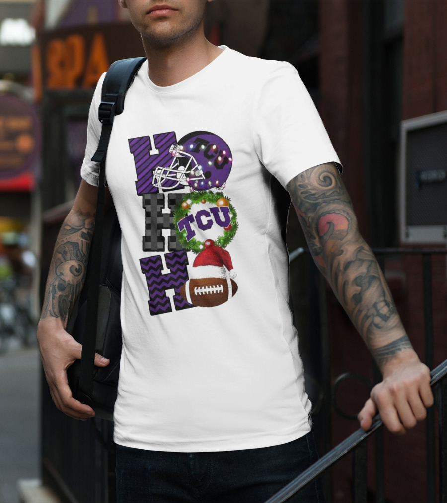 TCU Horned Frogs Football Christmas Ho Ho Ho Helmet And Wreath Game Day T-Shirt