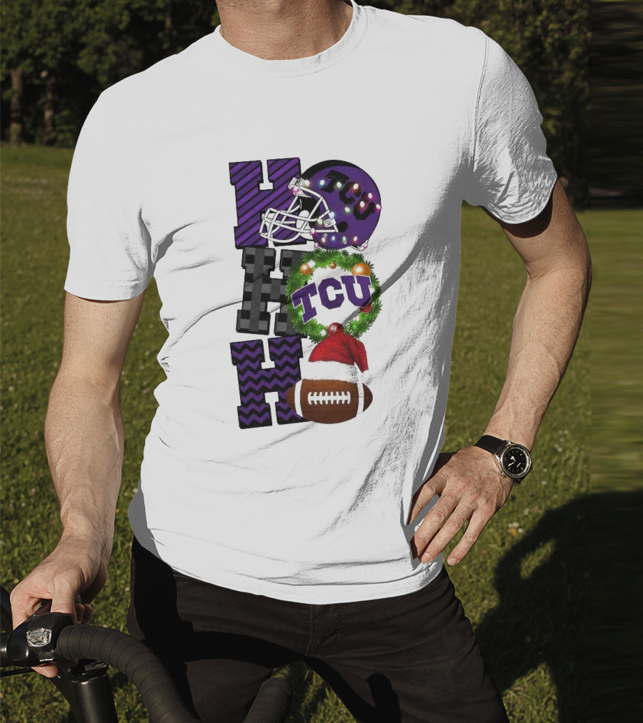 TCU Horned Frogs Football Christmas Ho Ho Ho Helmet And Wreath Game Day T-Shirt