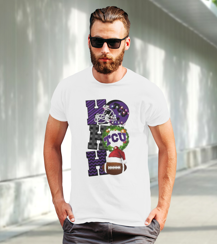 TCU Horned Frogs Football Christmas Ho Ho Ho Helmet And Wreath Game Day T-Shirt