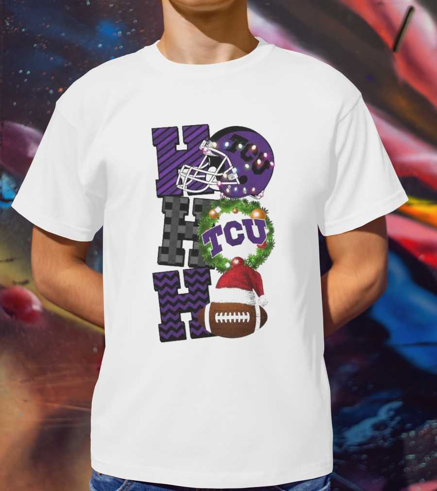 TCU Horned Frogs Football Christmas Ho Ho Ho Helmet And Wreath Game Day T-Shirt