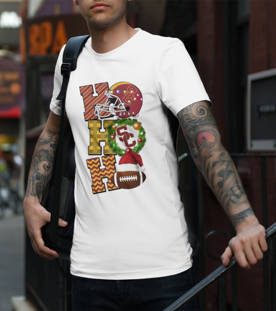 USC Trojans Football Christmas Ho Ho Ho SC Festive Helmet Wreath Game Day T-Shirt