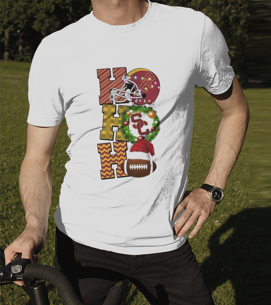 USC Trojans Football Christmas Ho Ho Ho SC Festive Helmet Wreath Game Day T-Shirt