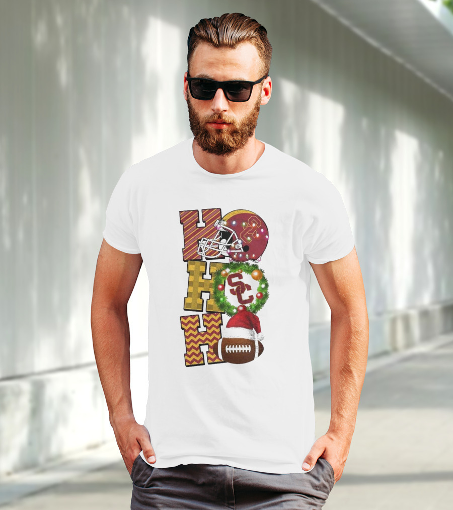 USC Trojans Football Christmas Ho Ho Ho SC Festive Helmet Wreath Game Day T-Shirt