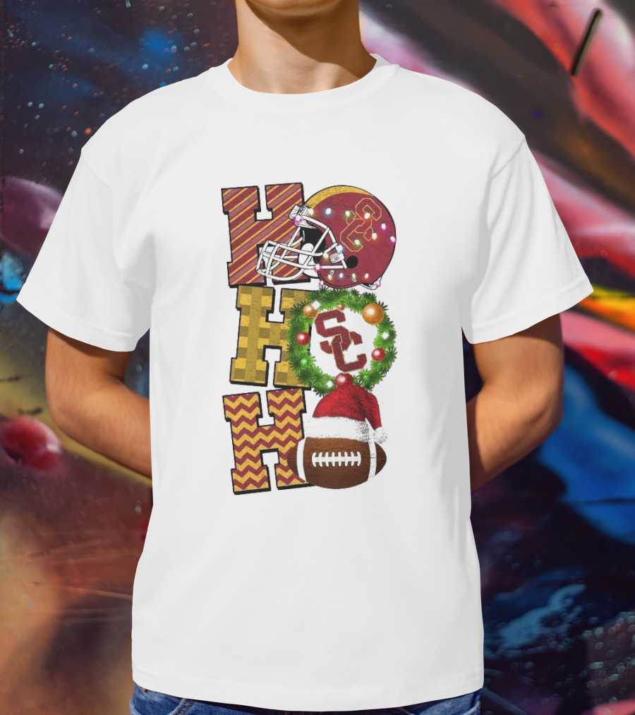 USC Trojans Football Christmas Ho Ho Ho SC Festive Helmet Wreath Game Day T-Shirt