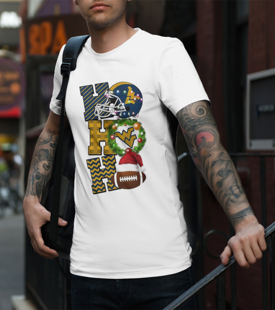 West Virginia Mountaineers Football Christmas Ho Ho Ho Helmet Wreath Santa Hat Game Day T-Shirt