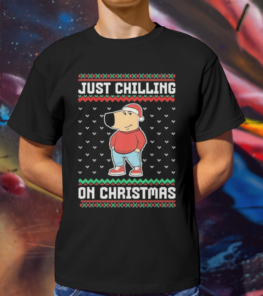 Chill Guy Meme Just Chilling On Christmas Sweater Style Santa Hat Red Green T-Shirt