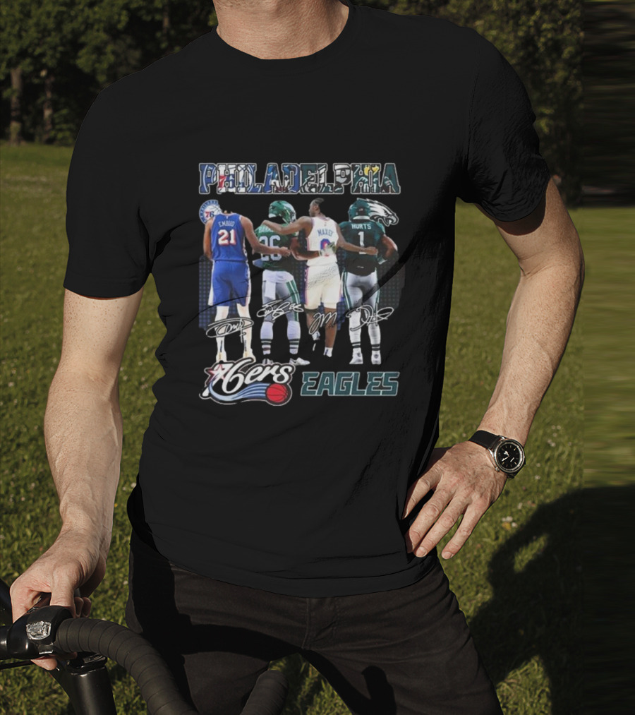 Philadelphia 76ers Joel Embiid And Philadelphia Eagles Sanders Hurts Collaborative Signature T-Shirt