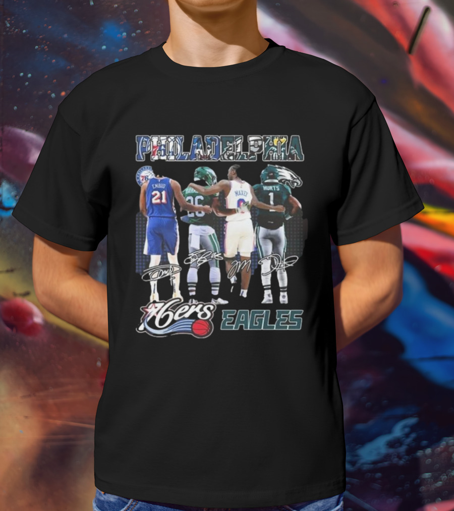 Philadelphia 76ers Joel Embiid And Philadelphia Eagles Sanders Hurts Collaborative Signature T-Shirt