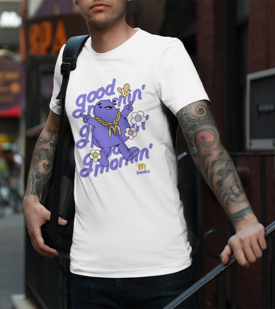 Good Mornin’ Grimace Doodles McDonald’s Butterfly Flowers T-Shirt