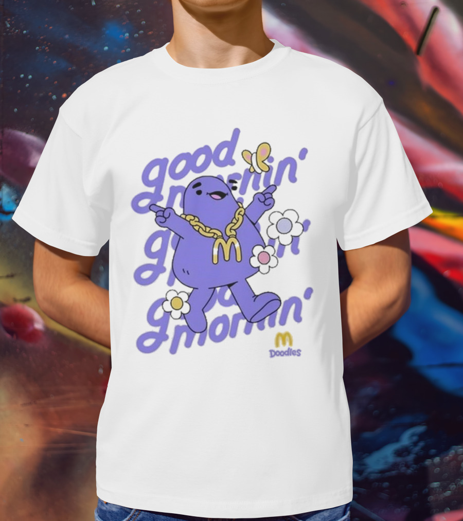 Good Mornin’ Grimace Doodles McDonald’s Butterfly Flowers T-Shirt